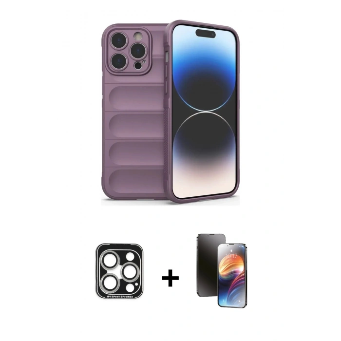 MARSİLYAN™- iPhone 15 Pro Max Kılıf Atlas Koleksiyonu - Siyah 3D Antistatik Mat Seramik Nano Ekran Koruyucu + PVD Metal Kamera Lens - GS