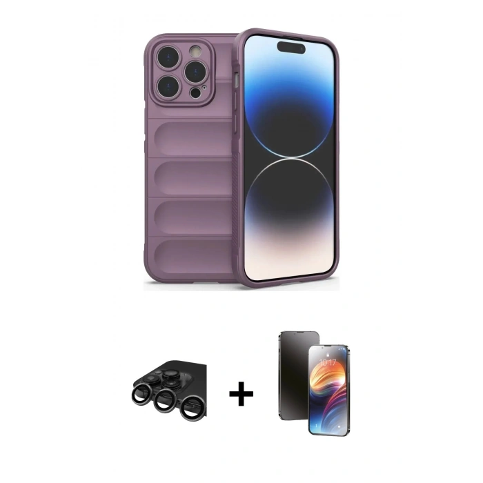 MARSİLYAN™- iPhone 15 Pro Max Kılıf Atlas Koleksiyonu - Siyah 3D Antistatik Mat Seramik Nano Ekran Koruyucu + Raze Metal Kamera Lens - TMGI
