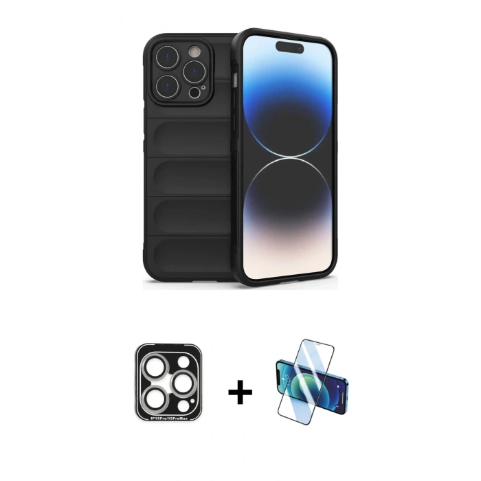 MARSİLYAN™- iPhone 15 Pro Max Kılıf Atlas Koleksiyonu - Siyah 3D Antistatik Seramik Nano Ekran Koruyucu + PVD Metal Kamera Lens - GS
