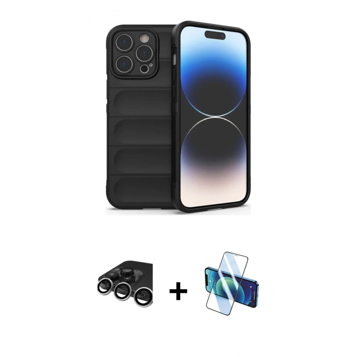 MARSİLYAN™- iPhone 15 Pro Max Kılıf Atlas Koleksiyonu - Siyah 3D Antistatik Seramik Nano Ekran Koruyucu + Raze Metal Kamera Lens - GS