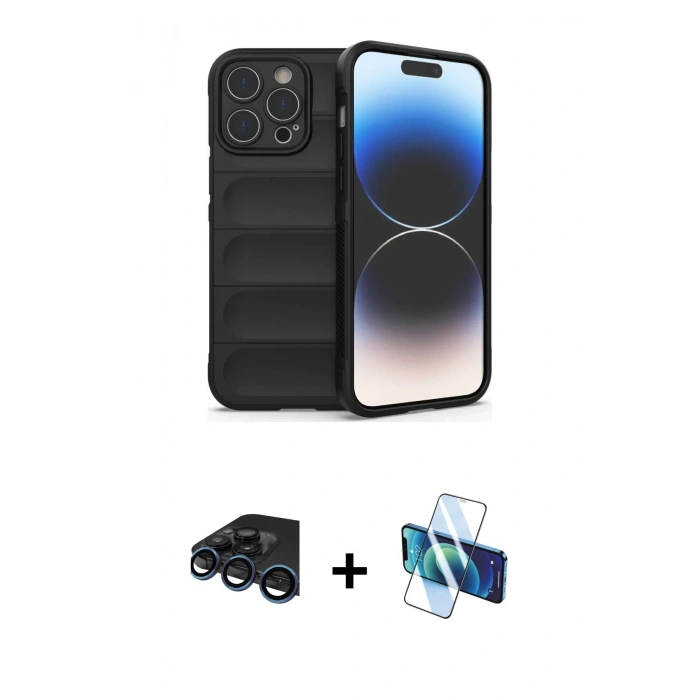 MARSİLYAN™- iPhone 15 Pro Max Kılıf Atlas Koleksiyonu - Siyah 3D Antistatik Seramik Nano Ekran Koruyucu + Raze Metal Kamera Lens - LT