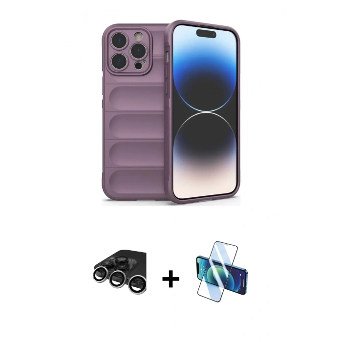MARSİLYAN™- iPhone 15 Pro Max Kılıf Atlas Koleksiyonu - Siyah 3D Antistatik Seramik Nano Ekran Koruyucu + Raze Metal Kamera Lens - GS