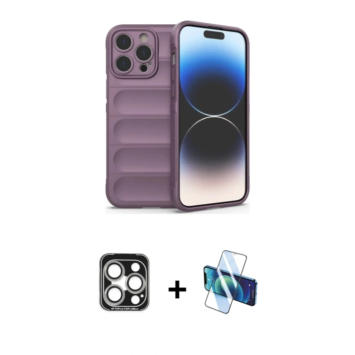 MARSİLYAN™- iPhone 15 Pro Max Kılıf Atlas Koleksiyonu - Siyah 3D Antistatik Seramik Nano Ekran Koruyucu + PVD Metal Kamera Lens - GS