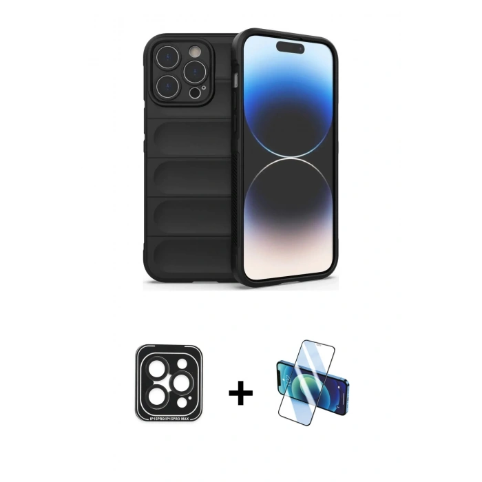 MARSİLYAN™- iPhone 15 Pro Max Kılıf Atlas Koleksiyonu - Siyah 3D Antistatik Seramik Nano Ekran Koruyucu + PVD Metal Kamera Lens - SH
