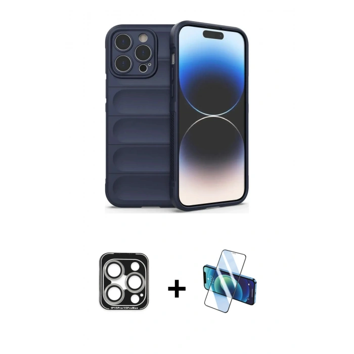 MARSİLYAN™- iPhone 15 Pro Max Kılıf Atlas Koleksiyonu - Siyah 3D Antistatik Seramik Nano Ekran Koruyucu + PVD Metal Kamera Lens - GS
