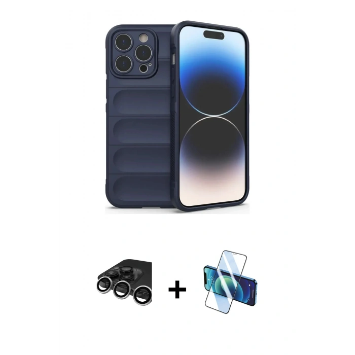 MARSİLYAN™- iPhone 15 Pro Max Kılıf Atlas Koleksiyonu - Siyah 3D Antistatik Seramik Nano Ekran Koruyucu + Raze Metal Kamera Lens - GS