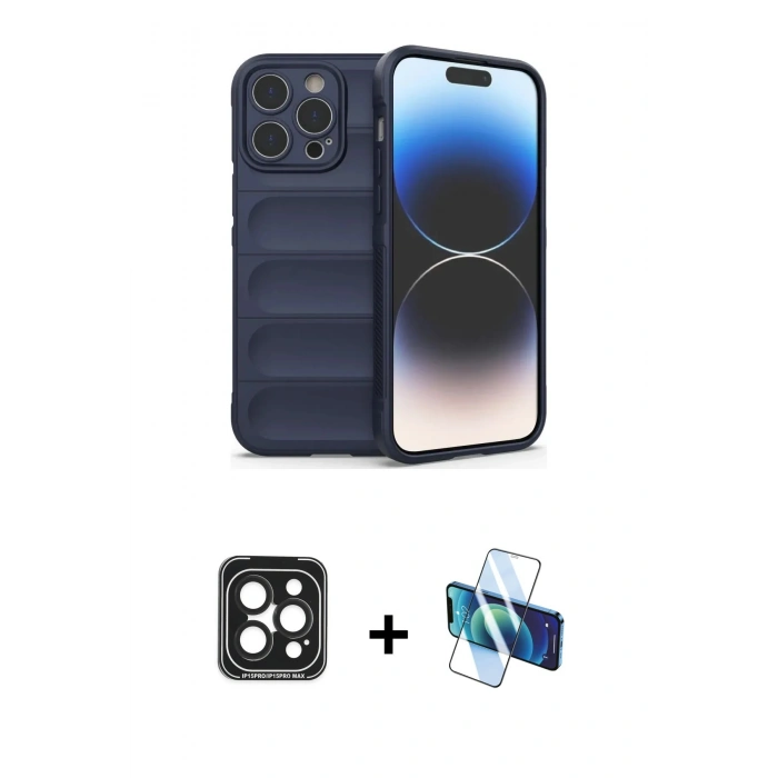 MARSİLYAN™- iPhone 15 Pro Max Kılıf Atlas Koleksiyonu - Siyah 3D Antistatik Seramik Nano Ekran Koruyucu + PVD Metal Kamera Lens - SH