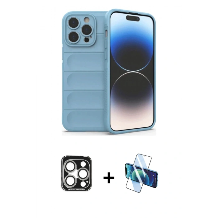 MARSİLYAN™- iPhone 15 Pro Max Kılıf Atlas Koleksiyonu - Siyah 3D Antistatik Seramik Nano Ekran Koruyucu + PVD Metal Kamera Lens - GS