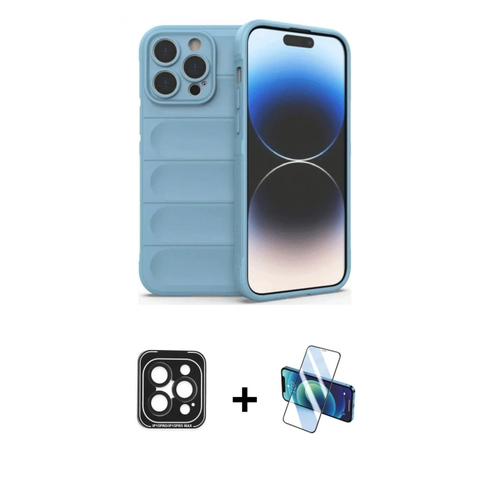 MARSİLYAN™- iPhone 15 Pro Max Kılıf Atlas Koleksiyonu - Siyah 3D Antistatik Seramik Nano Ekran Koruyucu + PVD Metal Kamera Lens - SH