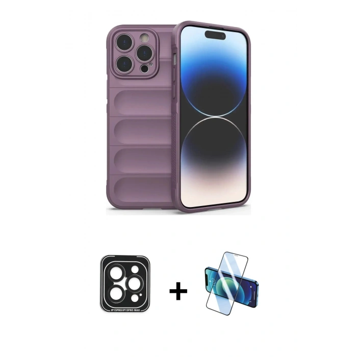 MARSİLYAN™- iPhone 15 Pro Max Kılıf Atlas Koleksiyonu - Siyah 3D Antistatik Seramik Nano Ekran Koruyucu + PVD Metal Kamera Lens - SH