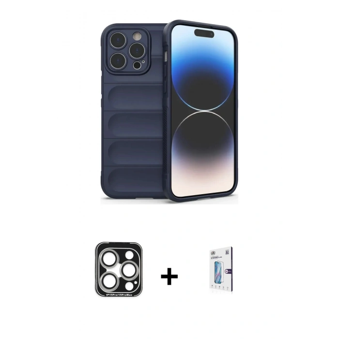 MARSİLYAN™- iPhone 15 Pro Max Kılıf Atlas Koleksiyonu - Siyah Bilvis 0.18mm Plus Cam Ekran Koruyucu + Gümüş PVD Metal Kamera Lens