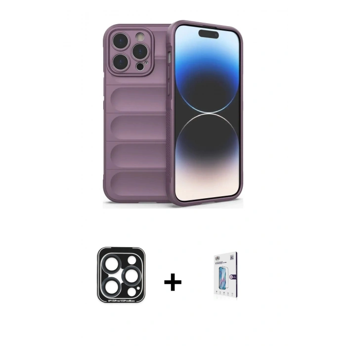 MARSİLYAN™- iPhone 15 Pro Max Kılıf Atlas Koleksiyonu - Siyah Bilvis 0.18mm Plus Cam Ekran Koruyucu + PVD Metal Kamera Lens - LT