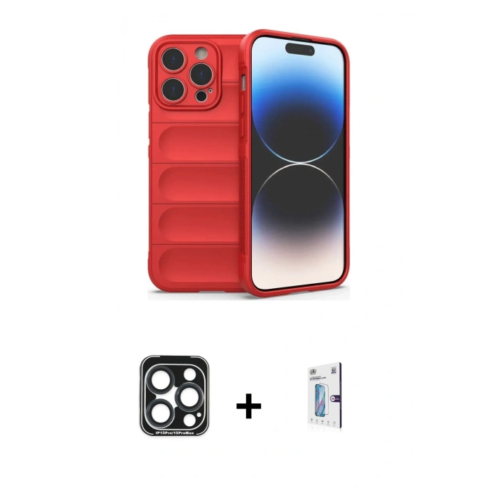 MARSİLYAN™- iPhone 15 Pro Max Kılıf Atlas Koleksiyonu - Siyah Bilvis 0.18mm Plus Cam Ekran Koruyucu + PVD Metal Kamera Lens - LT