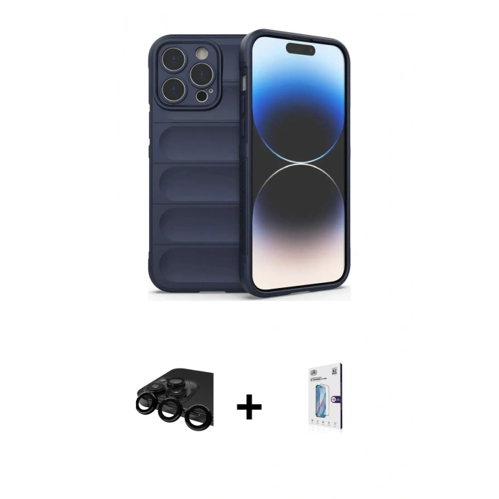 MARSİLYAN™- iPhone 15 Pro Max Kılıf Atlas Koleksiyonu - Siyah Bilvis 0.18mm Plus Cam Ekran Koruyucu + Raze Metal Kamera Lens - SH
