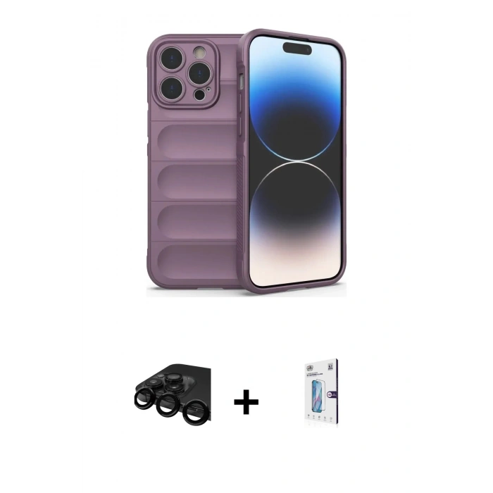 MARSİLYAN™- iPhone 15 Pro Max Kılıf Atlas Koleksiyonu - Siyah Bilvis 0.18mm Plus Cam Ekran Koruyucu + Raze Metal Kamera Lens - SH
