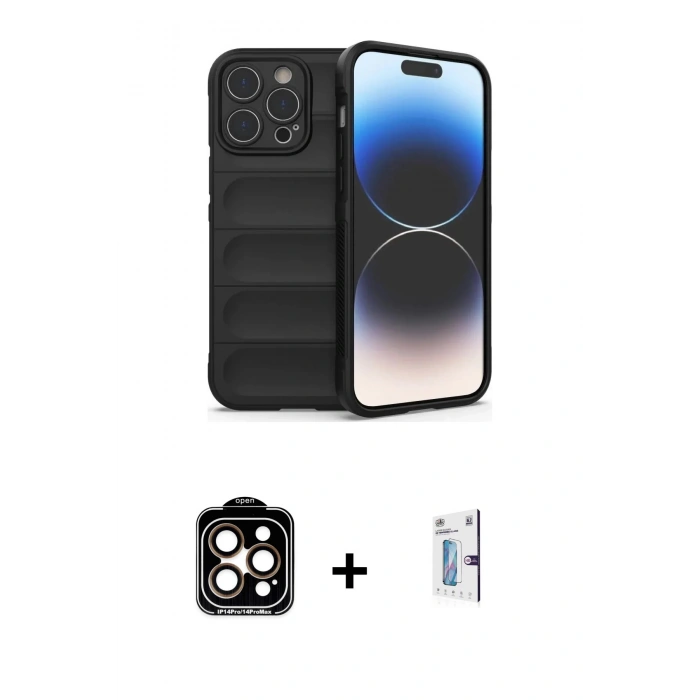MARSİLYAN™- iPhone 15 Pro Max Kılıf Atlas Koleksiyonu - Siyah Bilvis 0.18mm Plus Cam Ekran Koruyucu + PVD Metal Kamera Lens - TU