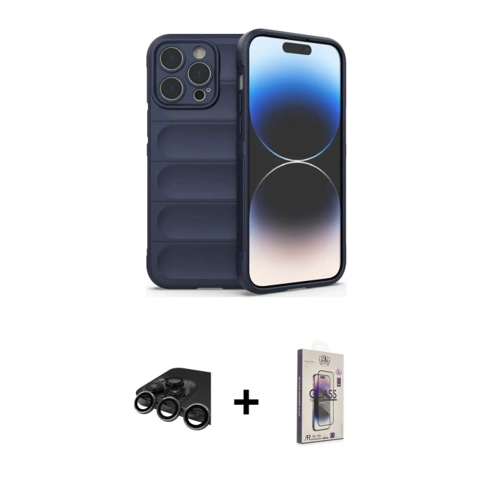 MARSİLYAN™- iPhone 15 Pro Max Kılıf Atlas Koleksiyonu - Siyah Bilvis 3D Cam Ekran Koruyucu + Raze Metal Kamera Lens - TMGI