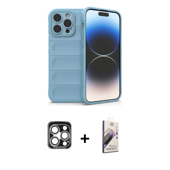 MARSİLYAN™- iPhone 15 Pro Max Kılıf Atlas Koleksiyonu - Siyah Bilvis 3D Mat Cam Ekran Koruyucu + PVD Metal Kamera Lens - GS