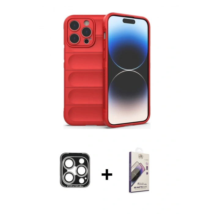 MARSİLYAN™- iPhone 15 Pro Max Kılıf Atlas Koleksiyonu - Siyah Bilvis 3D Mat Cam Ekran Koruyucu + PVD Metal Kamera Lens - GS