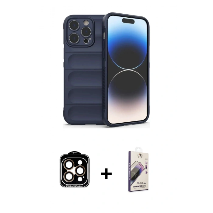 MARSİLYAN™- iPhone 15 Pro Max Kılıf Atlas Koleksiyonu - Siyah Bilvis 3D Mat Cam Ekran Koruyucu + PVD Metal Kamera Lens - TU