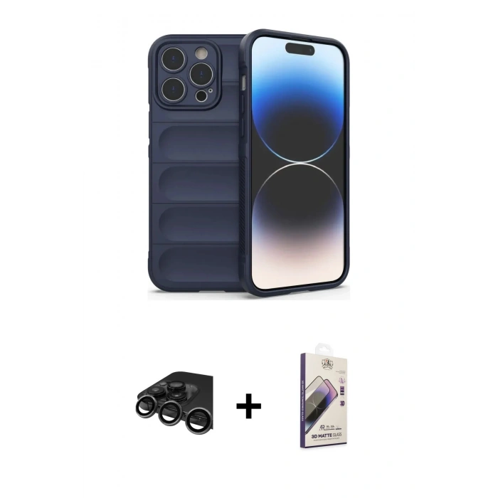 MARSİLYAN™- iPhone 15 Pro Max Kılıf Atlas Koleksiyonu - Siyah Bilvis 3D Mat Cam Ekran Koruyucu + Titanyum Gri Raze Metal Kamera Lens
