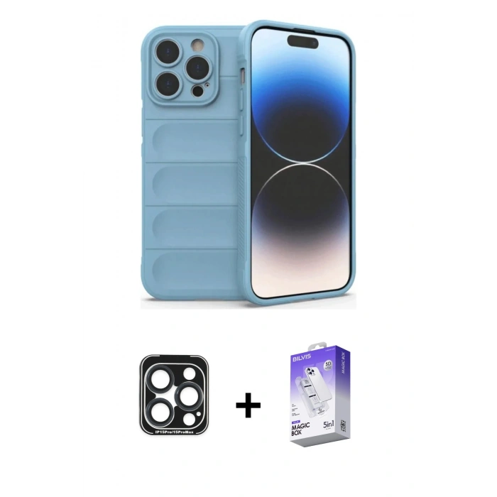 MARSİLYAN™- iPhone 15 Pro Max Kılıf Atlas Koleksiyonu - Siyah Bilvis 5in1 3D Magic Cam Ekran Koruyucu + Lacivert PVD Metal Kamera Lens