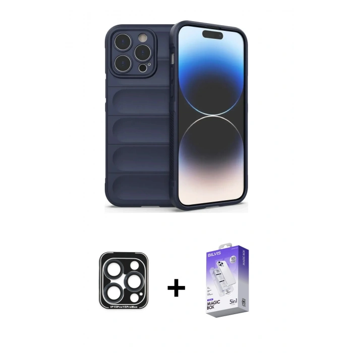 MARSİLYAN™- iPhone 15 Pro Max Kılıf Atlas Koleksiyonu - Siyah Bilvis 5in1 3D Magic Cam Ekran Koruyucu + Lacivert PVD Metal Kamera Lens
