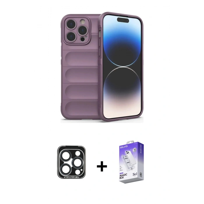 MARSİLYAN™- iPhone 15 Pro Max Kılıf Atlas Koleksiyonu - Siyah Bilvis 5in1 3D Magic Cam Ekran Koruyucu + Lacivert PVD Metal Kamera Lens