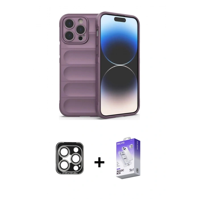 MARSİLYAN™- iPhone 15 Pro Max Kılıf Atlas Koleksiyonu - Siyah Bilvis 5in1 3D Magic Cam Ekran Koruyucu + PVD Metal Kamera Lens - GS