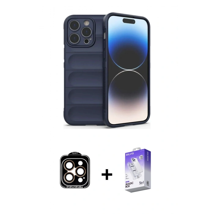MARSİLYAN™- iPhone 15 Pro Max Kılıf Atlas Koleksiyonu - Siyah Bilvis 5in1 3D Magic Cam Ekran Koruyucu + PVD Metal Kamera Lens - TU