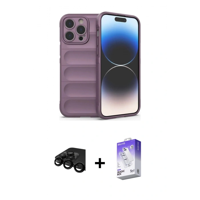 MARSİLYAN™- iPhone 15 Pro Max Kılıf Atlas Koleksiyonu - Siyah Bilvis 5in1 3D Magic Cam Ekran Koruyucu + Raze Metal Kamera Lens - SH