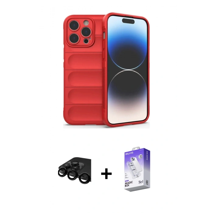 MARSİLYAN™- iPhone 15 Pro Max Kılıf Atlas Koleksiyonu - Siyah Bilvis 5in1 3D Magic Cam Ekran Koruyucu + Raze Metal Kamera Lens - SH
