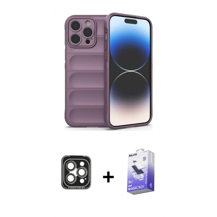 MARSİLYAN™- iPhone 15 Pro Max Kılıf Atlas Koleksiyonu - Siyah Bilvis 5in1 5D Magic Hayalet Cam Ekran Koruyucu + Gri PVD Metal Kamera Lens