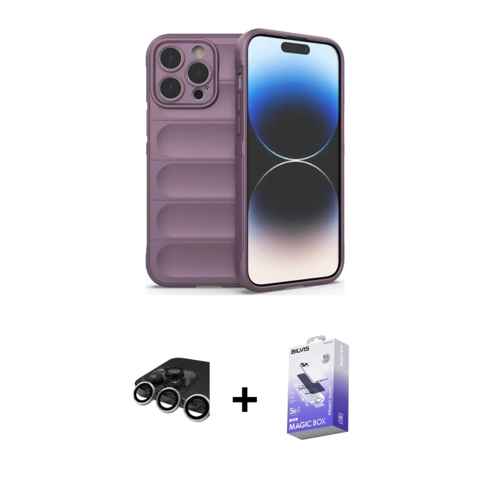 MARSİLYAN™- iPhone 15 Pro Max Kılıf Atlas Koleksiyonu - Siyah Bilvis 5in1 5D Magic Hayalet Cam Ekran Koruyucu + Gümüş Raze Metal Kamera Lens