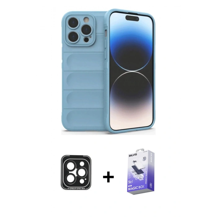 MARSİLYAN™- iPhone 15 Pro Max Kılıf Atlas Koleksiyonu - Siyah Bilvis 5in1 5D Magic Hayalet Cam Ekran Koruyucu + Siyah PVD Metal Kamera Lens