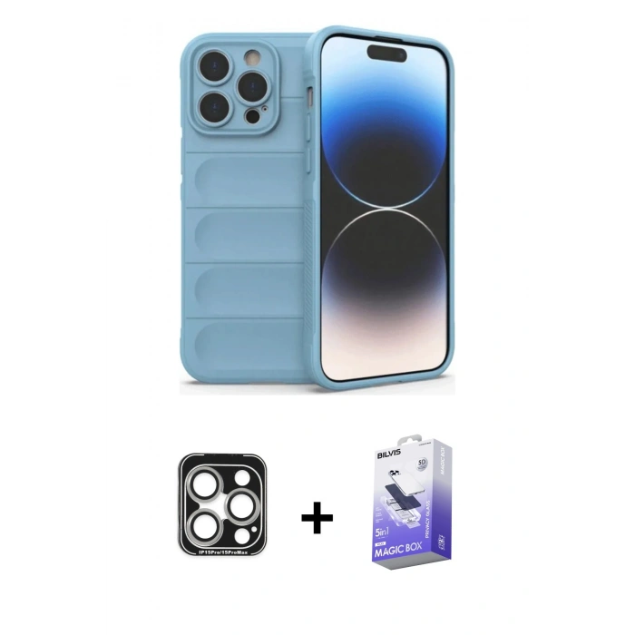MARSİLYAN™- iPhone 15 Pro Max Kılıf Atlas Koleksiyonu - Siyah Bilvis 5in1 5D Magic Hayalet Cam Ekran Koruyucu + PVD Metal Kamera Lens - GS