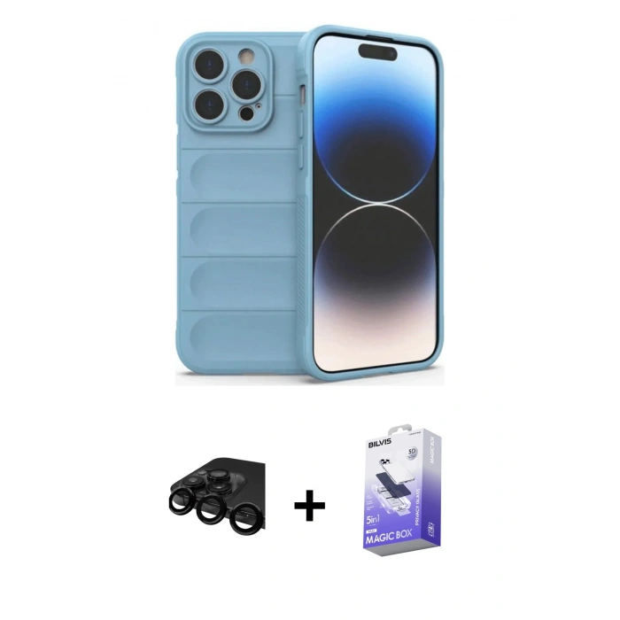 MARSİLYAN™- iPhone 15 Pro Max Kılıf Atlas Koleksiyonu - Siyah Bilvis 5in1 5D Magic Hayalet Cam Ekran Koruyucu + Raze Metal Kamera Lens - SH