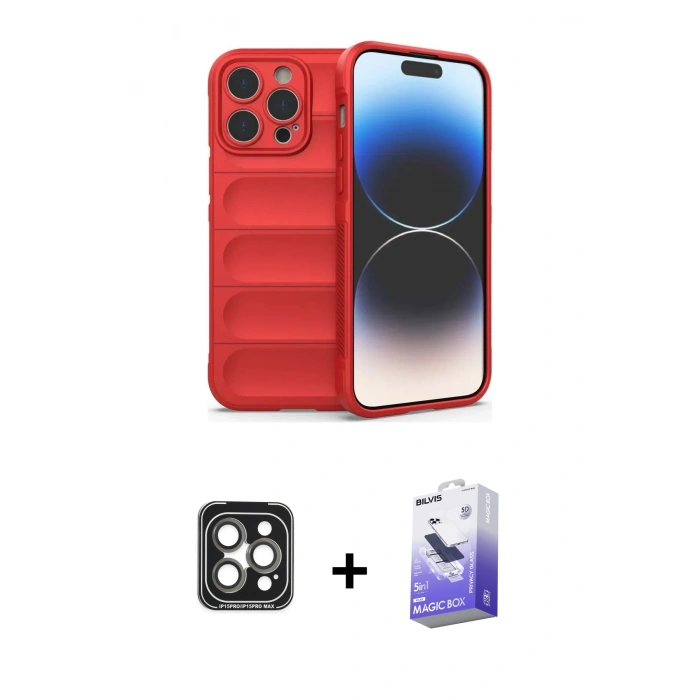 MARSİLYAN™- iPhone 15 Pro Max Kılıf Atlas Koleksiyonu - Siyah Bilvis 5in1 5D Magic Hayalet Cam Ekran Koruyucu + Gri PVD Metal Kamera Lens