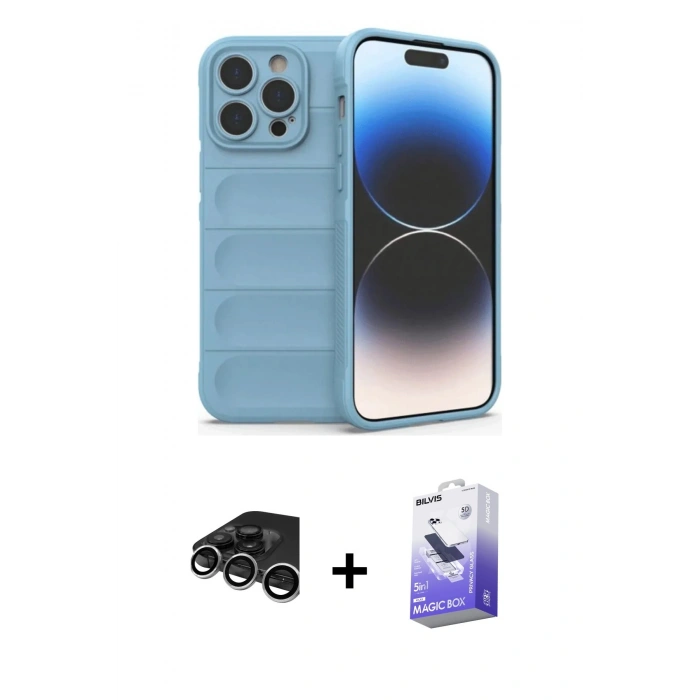 MARSİLYAN™- iPhone 15 Pro Max Kılıf Atlas Koleksiyonu - Siyah Bilvis 5in1 5D Magic Hayalet Cam Ekran Koruyucu + Gümüş Raze Metal Kamera Lens