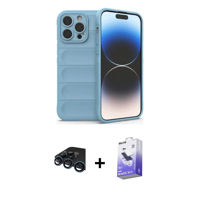 MARSİLYAN™- iPhone 15 Pro Max Kılıf Atlas Koleksiyonu - Siyah Bilvis 5in1 5D Magic Hayalet Cam Ekran Koruyucu + Raze Metal Kamera Lens - LT