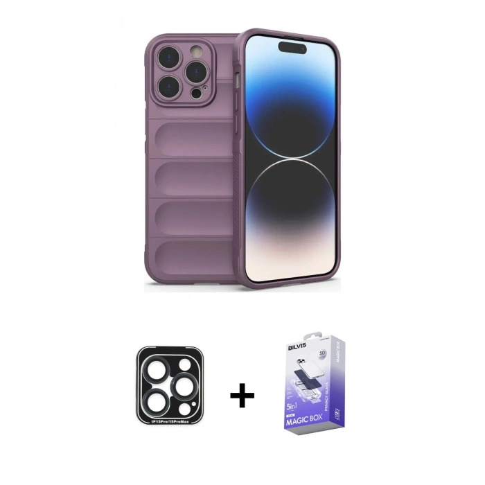 MARSİLYAN™- iPhone 15 Pro Max Kılıf Atlas Koleksiyonu - Siyah Bilvis 5in1 5D Magic Hayalet Cam Ekran Koruyucu + Lacivert PVD Metal Kamera Lens