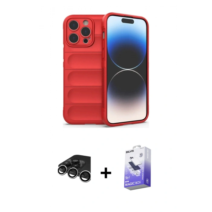 MARSİLYAN™- iPhone 15 Pro Max Kılıf Atlas Koleksiyonu - Siyah Bilvis 5in1 5D Magic Hayalet Cam Ekran Koruyucu + Gümüş Raze Metal Kamera Lens
