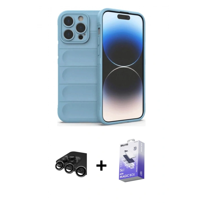 MARSİLYAN™- iPhone 15 Pro Max Kılıf Atlas Koleksiyonu - Siyah Bilvis 5in1 5D Magic Hayalet Cam Ekran Koruyucu + Raze Metal Kamera Lens - TMGI