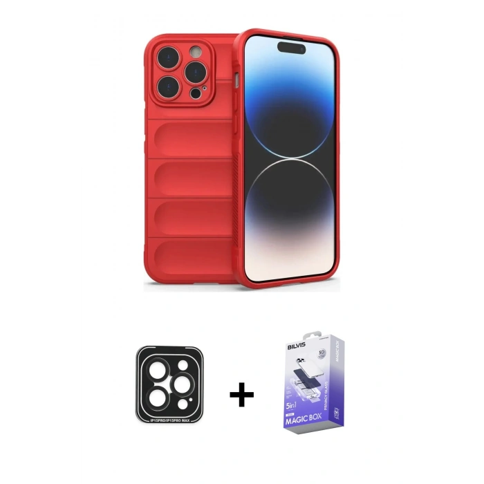 MARSİLYAN™- iPhone 15 Pro Max Kılıf Atlas Koleksiyonu - Siyah Bilvis 5in1 5D Magic Hayalet Cam Ekran Koruyucu + Siyah PVD Metal Kamera Lens