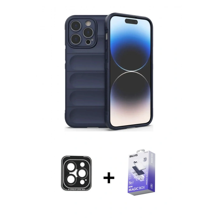 MARSİLYAN™- iPhone 15 Pro Max Kılıf Atlas Koleksiyonu - Siyah Bilvis 5in1 5D Magic Hayalet Cam Ekran Koruyucu + Siyah PVD Metal Kamera Lens