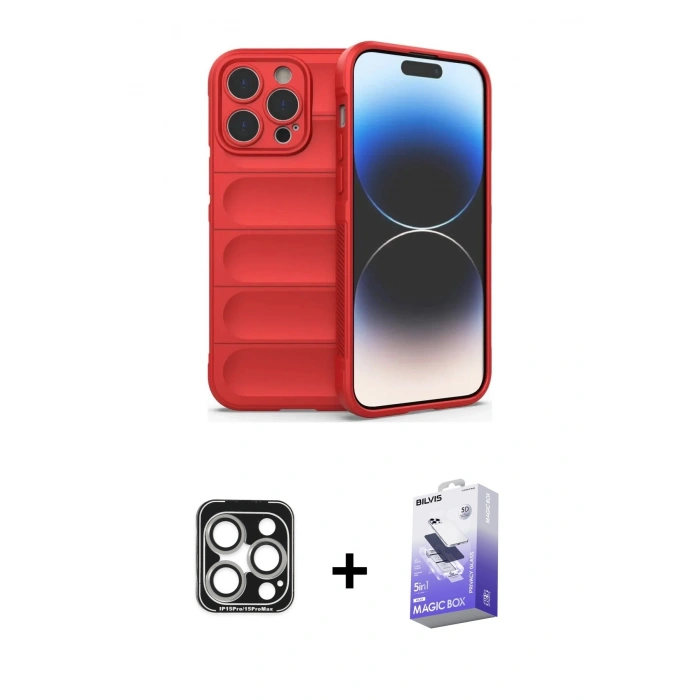 MARSİLYAN™- iPhone 15 Pro Max Kılıf Atlas Koleksiyonu - Siyah Bilvis 5in1 5D Magic Hayalet Cam Ekran Koruyucu + PVD Metal Kamera Lens - GS