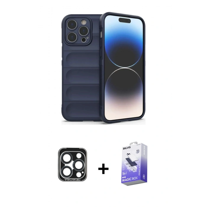 MARSİLYAN™- iPhone 15 Pro Max Kılıf Atlas Koleksiyonu - Siyah Bilvis 5in1 5D Magic Hayalet Cam Ekran Koruyucu + Lacivert PVD Metal Kamera Lens