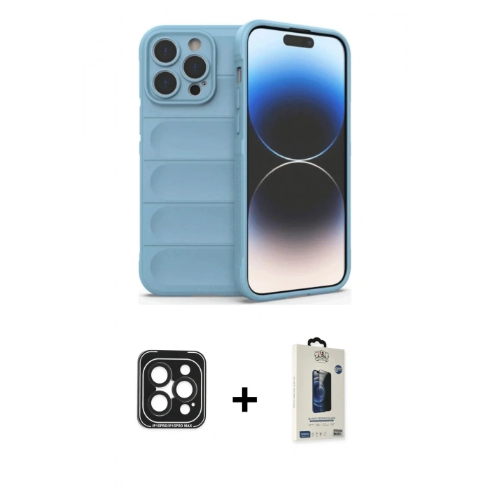 MARSİLYAN™- iPhone 15 Pro Max Kılıf Atlas Koleksiyonu - Siyah Bilvis Hayalet Cam Ekran Koruyucu + PVD Metal Kamera Lens - SH