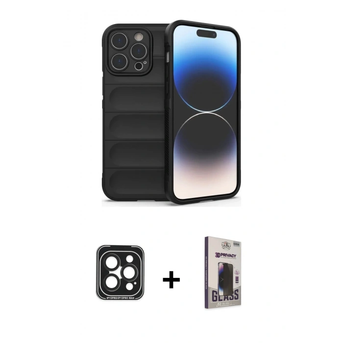 MARSİLYAN™- iPhone 15 Pro Max Kılıf Atlas Koleksiyonu - Siyah Bilvis Hayalet Cam Ekran Koruyucu + PVD Metal Kamera Lens - SH