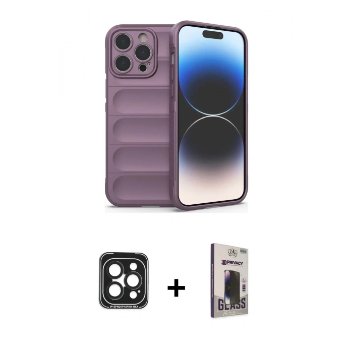 MARSİLYAN™- iPhone 15 Pro Max Kılıf Atlas Koleksiyonu - Siyah Bilvis Hayalet Cam Ekran Koruyucu + PVD Metal Kamera Lens - SH